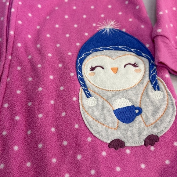 Carter's - 3T - Pink Polka Dot Fleece Onesie Sleeper with Penguin Patch - Picture 2 of 4